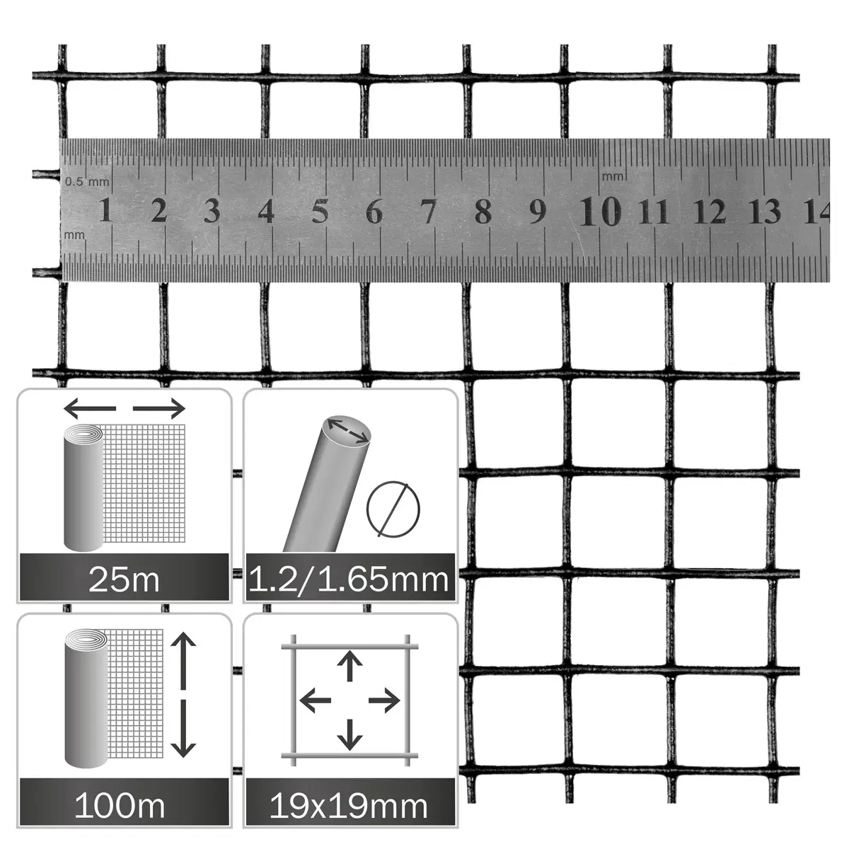 Gaas 19x19x1.65mm, rol 25 x 1.00m zwart