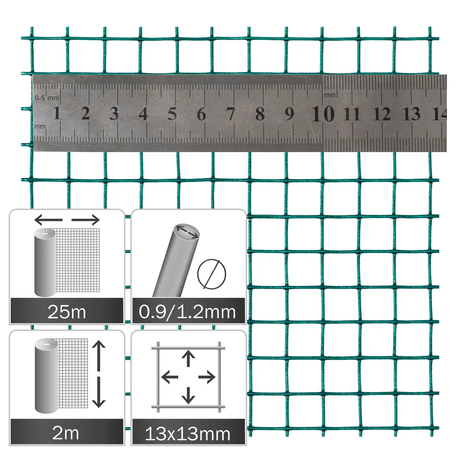 Gaas 13x13x0.9/1.2mm rol 25x2m groen