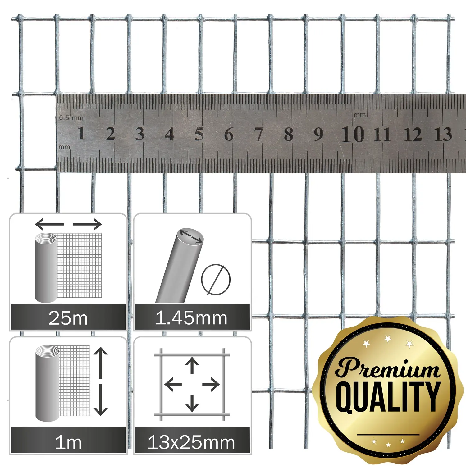Verzinkt gaas 13x25x1.45mm, rol 25x1.0 p