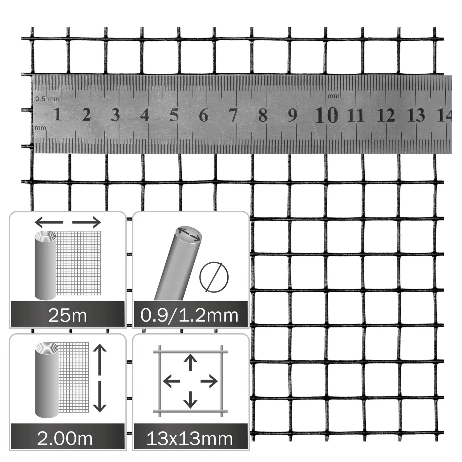 Gaas 13x13x0.9/1.2mm rol 25x2m zwart