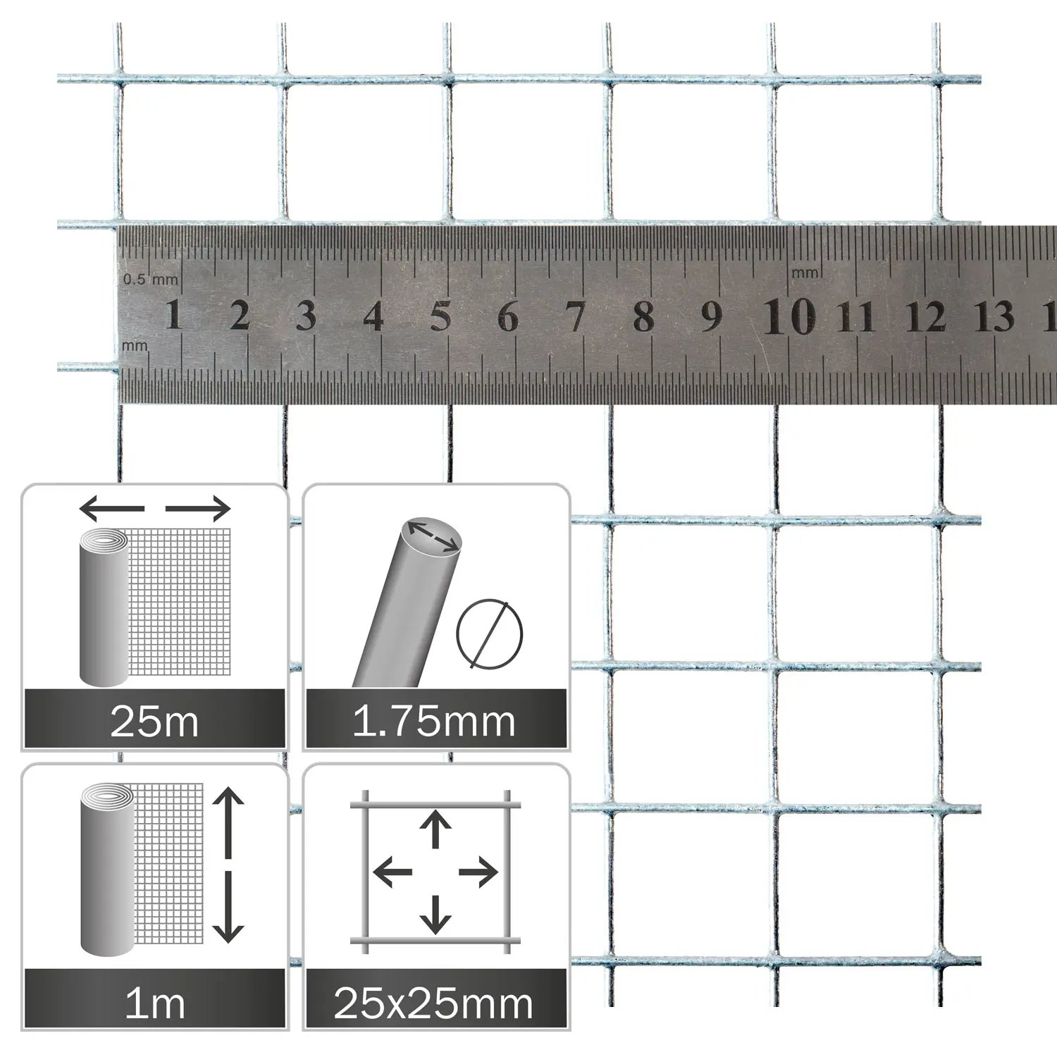 Verzinkt gaas 25x25x1.75mm, rol 25x1.0m