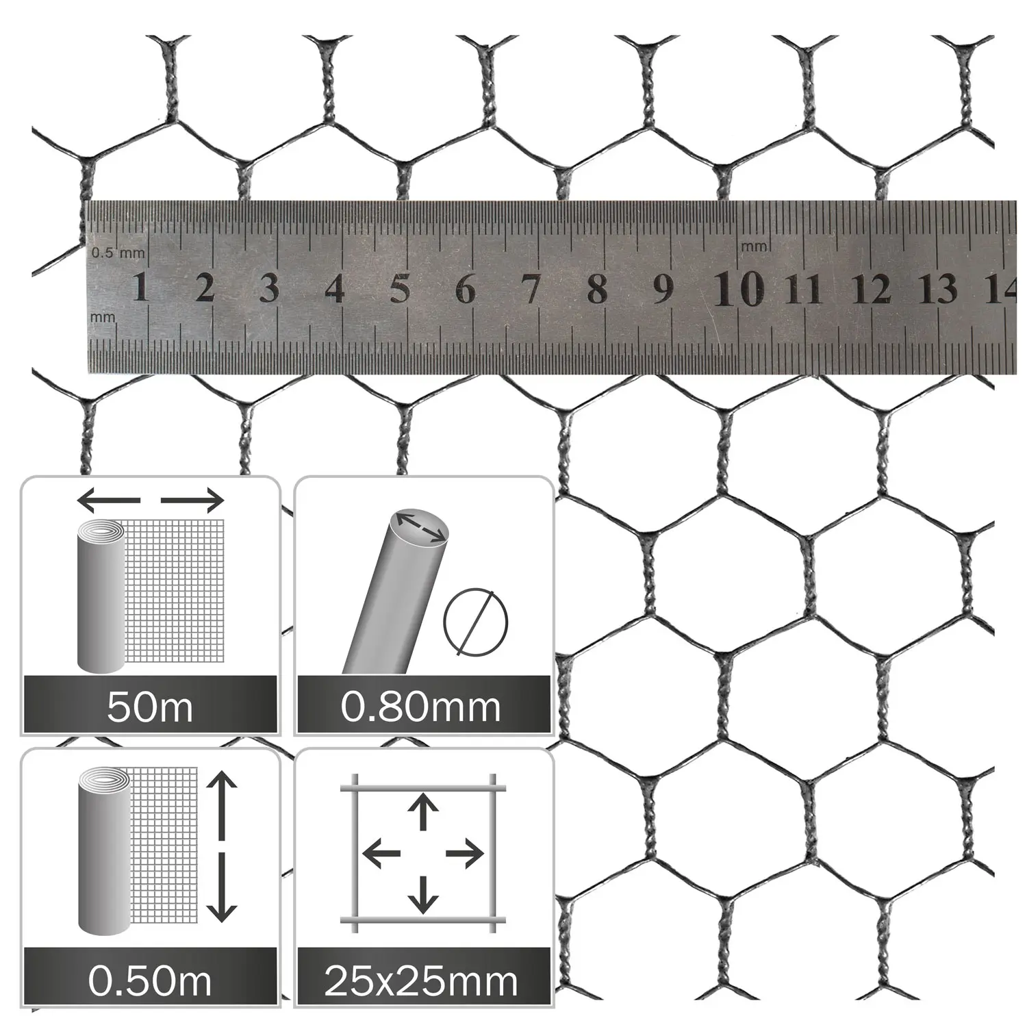 Zeskant gaas 25x25x0.80mm, rol 50x0.5m