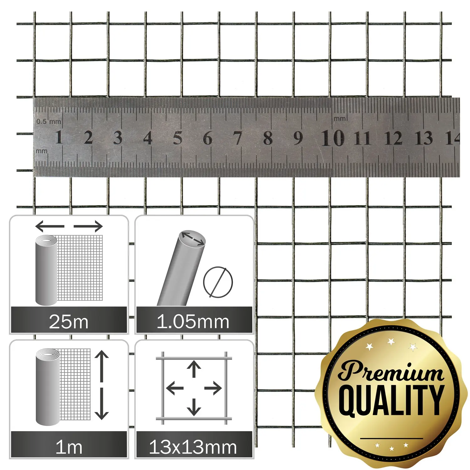Verzinkt gaas 13x13x1.05mm, rol 25x1.0mP