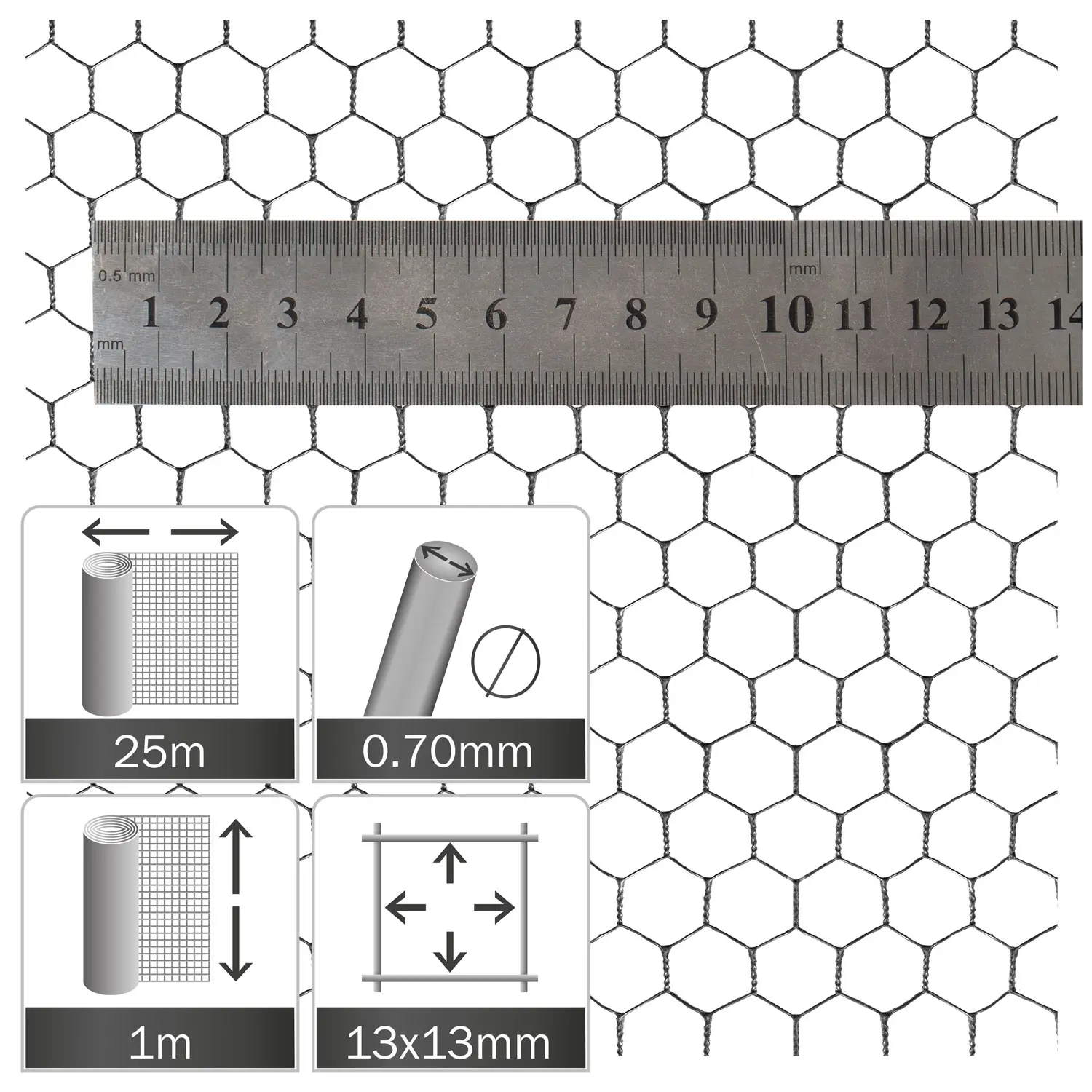 Zeskant gaas 13x13x0.70mm, rol 25x1.0m